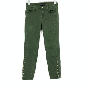 J Brand Jean Womens 27 Olive Green Skinny Leg 5 Button Ankle Snaps Gold Hardware